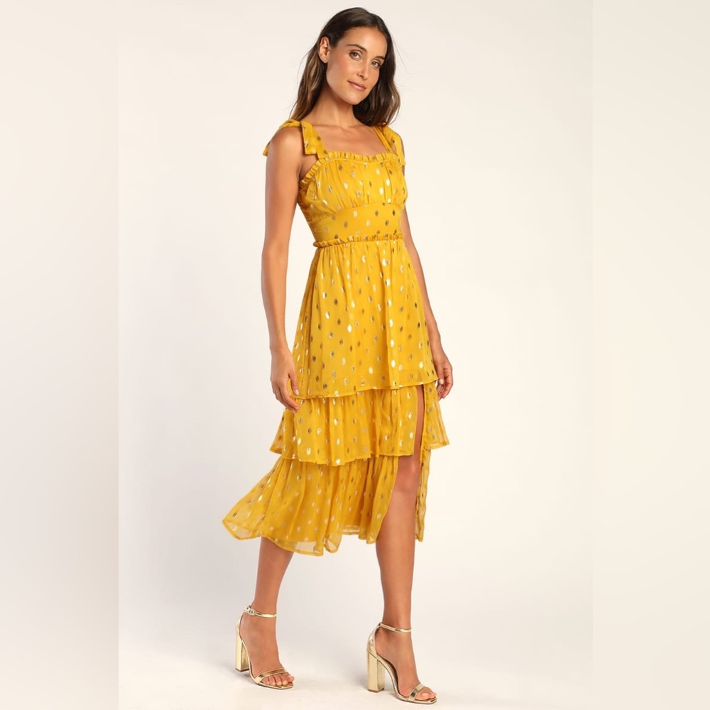 Lulus Celebration Chic Yellow Polka Dot Tie-Strap Tiered Maxi Dress